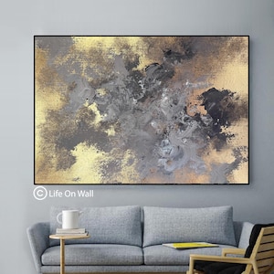 Textured Abstract Painting: Gray, Black, and Gold Foil Canvas Art