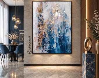 Modern Luxe Abstract Canvas Art, Blue Gray White Gold Wall Decor, Gold Leaf Painting