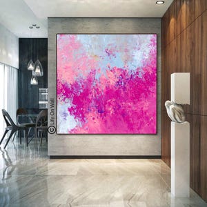 Large Framed Abstract Canvas Art Pink Blue Gray | Ready To Hang Wall Art For Home Decor and Office Decor | Abstract Artwork on Canvas