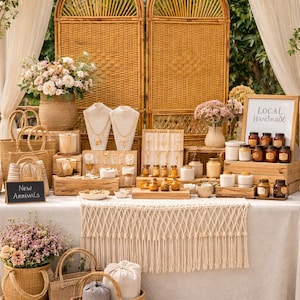 Puede incluir: Una exhibici&oacute;n al aire libre de productos hechos a mano, con joyas, velas y cestas. La exhibici&oacute;n incluye un fondo de pantalla tejido, arreglos florales y letreros que dicen "Local Handmade" y "New Arrivals".