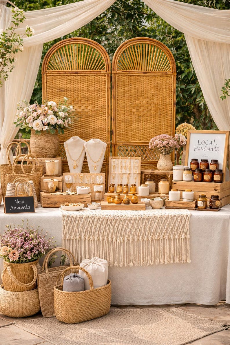 Puede incluir: Una exhibici&oacute;n al aire libre de productos hechos a mano, con joyas, velas y cestas. La exhibici&oacute;n incluye un fondo de pantalla tejido, arreglos florales y letreros que dicen "Local Handmade" y "New Arrivals".