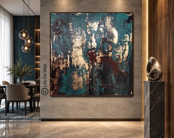 Luxury Abstract Wall Art, Blue Brown Gold Textured Canvas Painting, Statement Living Room Decor