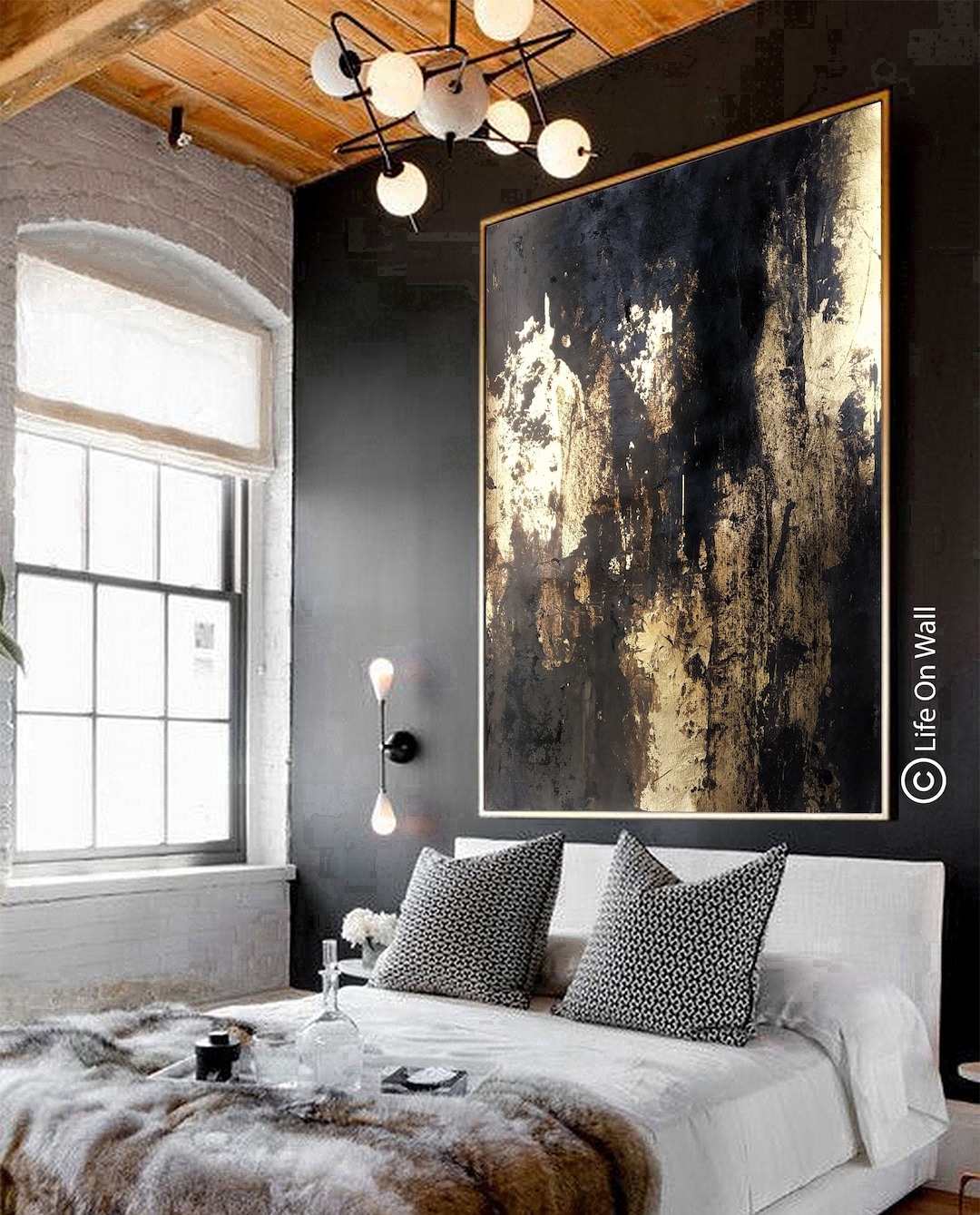 Gold Foil Original Abstract Art Gray Black, Hand Painted Textured