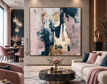 Original Textured Abstract Canvas, Blue Pink Gold Luxury Painting, Modern Interior Decor Art