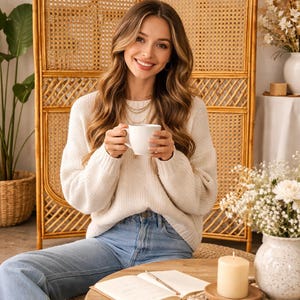 May include: A woman wearing a cream-colored sweater and light blue jeans, holding a white mug. A wooden coffee table holds a candle, a notebook, and a pen. A woven room divider and floral arrangements are in the background.