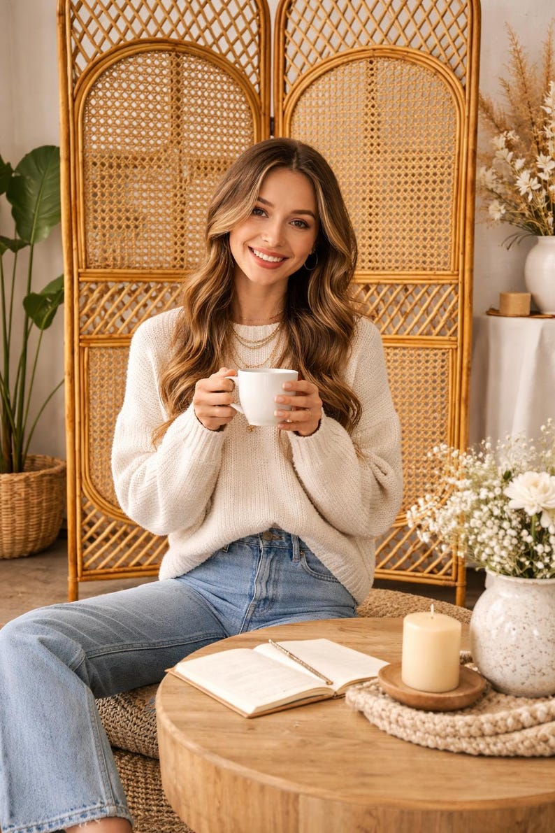 May include: A woman wearing a cream-colored sweater and light blue jeans, holding a white mug. A wooden coffee table holds a candle, a notebook, and a pen. A woven room divider and floral arrangements are in the background.