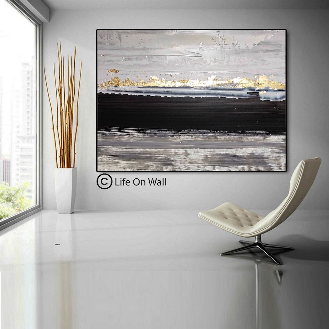 Framed Abstract Painting Gold Leaf Black Gray White, Abstract Art Gold