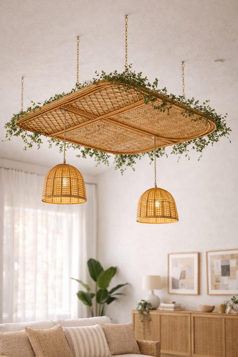 May include: A natural rattan ceiling light fixture with a square design, adorned with greenery. Two matching pendant lights hang below. The lampshades are made of woven rattan. The room has a neutral color palette.