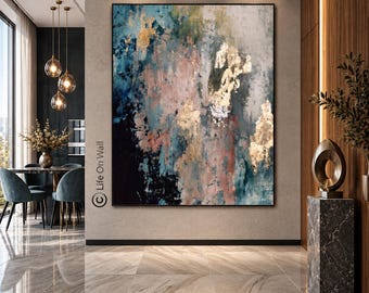 Original Contemporary Abstract Painting, Blue Pink Gold Textured Wall Art, Organic Modern Decor