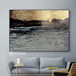 Hand-Painted Textured Abstract Painting: Gray, Black & Gold Foil Canvas Art