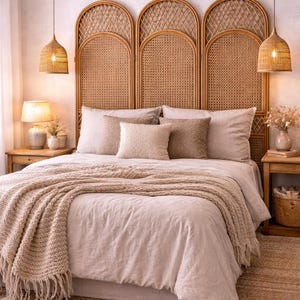 May include: A bedroom scene featuring a bed with a woven rattan headboard and matching pendant lights. The bed is made with neutral-toned bedding, pillows, and a fringed throw. A jute rug and wooden nightstands complete the cozy, bohemian aesthetic.