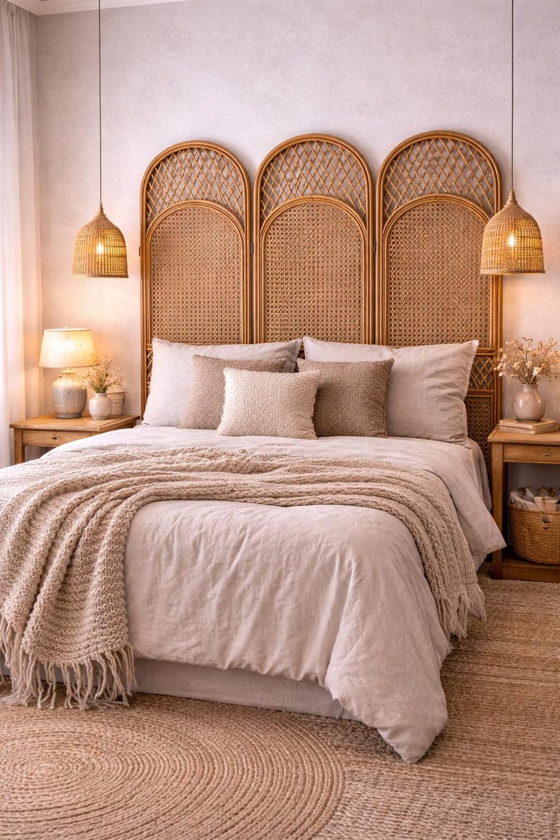 May include: A bedroom scene featuring a bed with a woven rattan headboard and matching pendant lights. The bed is made with neutral-toned bedding, pillows, and a fringed throw. A jute rug and wooden nightstands complete the cozy, bohemian aesthetic.