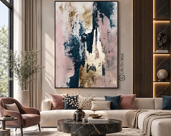 Large Abstract Painting, Blue Pink Gold Leaf Textured Canvas Art, Hand Painted Wall Decor