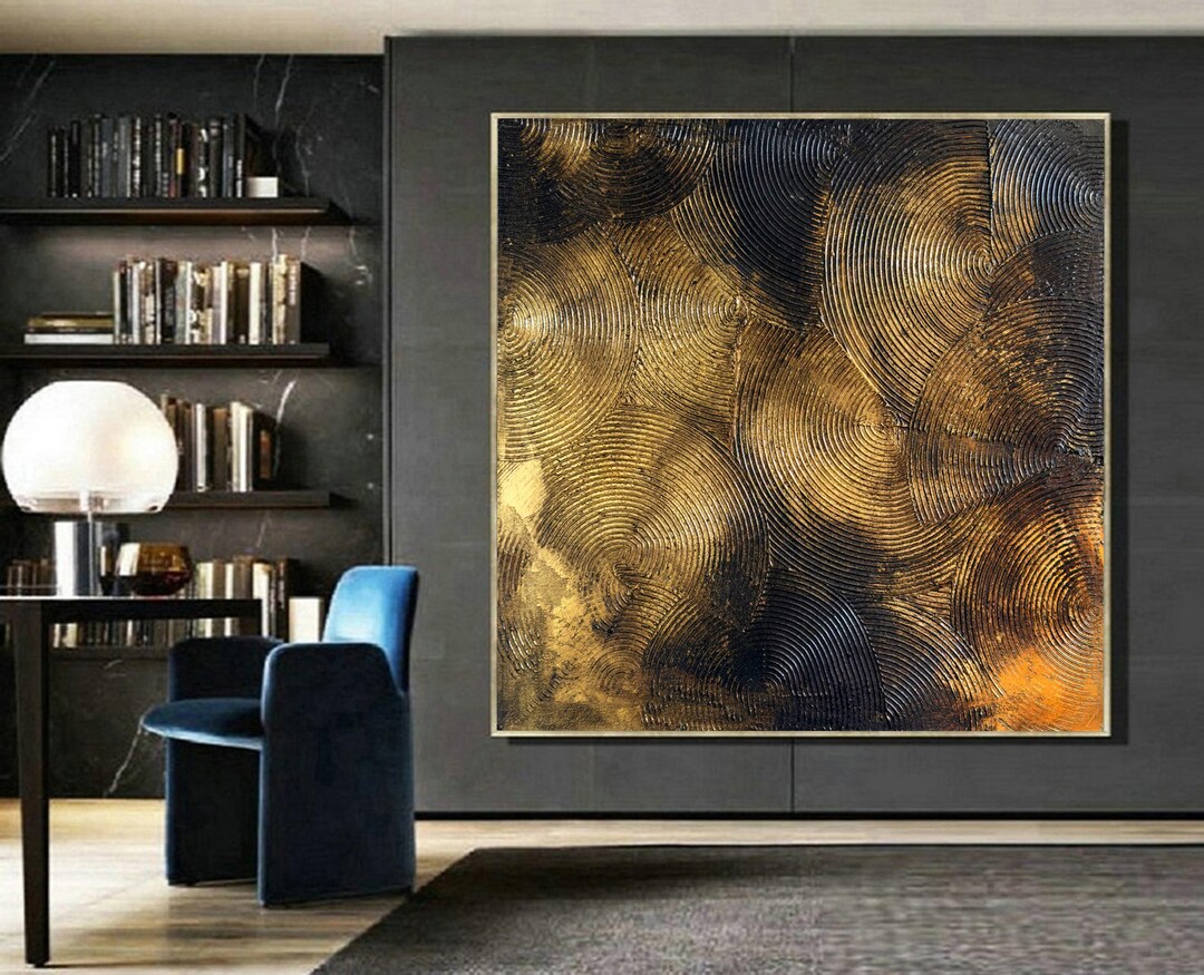 Gold Abstract Wall Art | Textured Spiral Painting | Large Modern ...