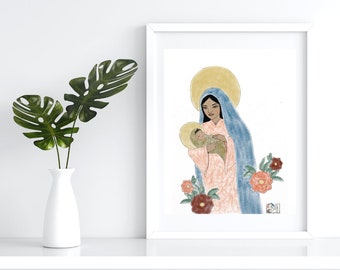 祝福を与える聖母マリアと幼子イエスのカトリック絵画プリント - 額装