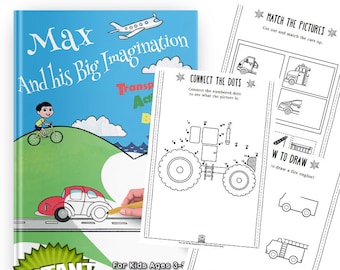 May include: A colorful book cover with the title "Max And His Big Imagination" and the words "Instant Download!" in a green starburst. The book cover features a cartoon boy riding a bicycle on a green hill. The book is for kids ages 3-5 and includes transportation activities.