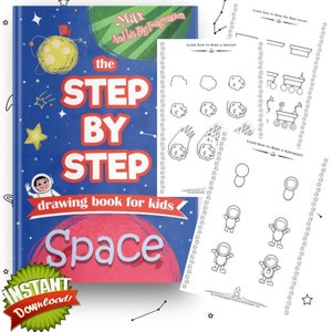 May include: A blue and red book cover with the title "The Step by Step Drawing Book for Kids: Space" and a cartoon astronaut on the front. The book includes instructions for drawing a rocket, a meteor, and an astronaut.