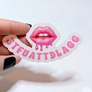 May include: Pink sticker with a dripping, glitter-covered, pink lip design and the text "STFUATTDLAGG".