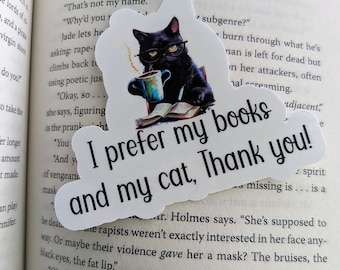 Black Cat Reading Sticker, Water-Resistant Vinyl Decal, Book Lover Gift
