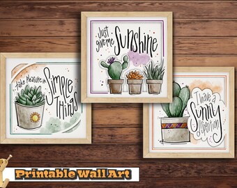 Succulents Wall Art, Set of 3, with Paper Cutout Effect and Cheerful Sayings, Printable Instant Download