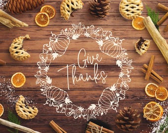 Give Thanks Fall Wreath, svg eps dxf png. Hand-lettered & drawn design you can print or use with Cricut Design Space, Silhouette Studio etc.