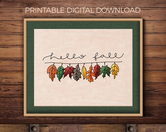 Hello Fall Leaves Printable Wall Art, simple, minimalist, hand-lettered & hand-painted fall home decor