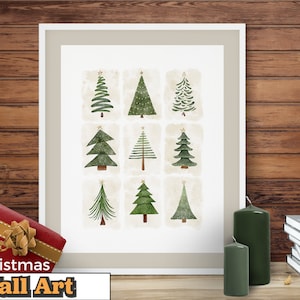 Abstract Christmas Trees with Gold Stars in Rows  | Printable Wall Art | Digital watercolor painting