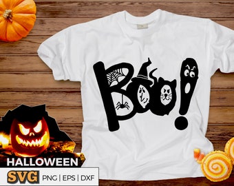 Boo! Halloween SVG, hand-lettered word art with witch, cat, spider and ghost - .svg, .eps, .png and .dxf files for Cricut, Silhouette, etc.