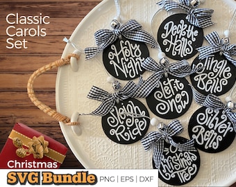 Classic Christmas Carols Ornaments SVG | Hand lettered round Christmas ornament cut files for use with Cricut, Silhouette | Digital Download