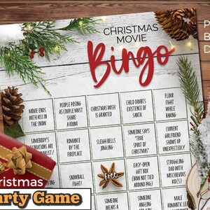 Tarjetas de bingo de películas navideñas para los amantes de las películas de Hallmark. Juego de 20 tarjetas. ¡Excelente juego de fiesta para la noche de chicas en Navidad!