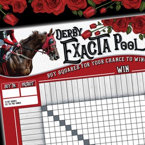 May include: A Derby Exacta Pool game board with a horse racing theme. The board features a horse and jockey, the text "Derby Exacta Pool", and a grid for squares. Red roses adorn the top.