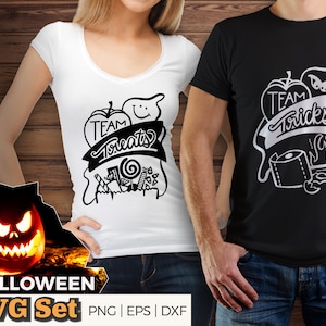 Halloween SVG, Team Tricks & Team Treats, Paar handbeschriftetes Design, .svg, .eps, .png und .dxf geschnittene Dateien für Cricut, Silhouette usw.