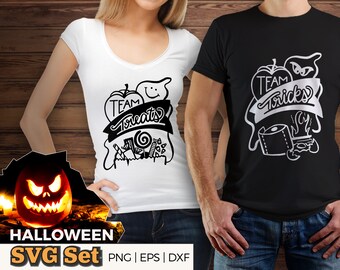Halloween SVG, Team Tricks & Team Treats, couples hand-lettered design, .svg, .eps, .png, and .dxf cut files for Cricut, Silhouette, etc.