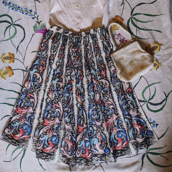 Vintage hand painted circle skirt with metallic ac