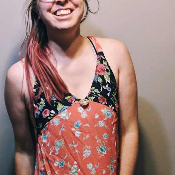 1990s rayon floral maxi dress, 90s slip dress