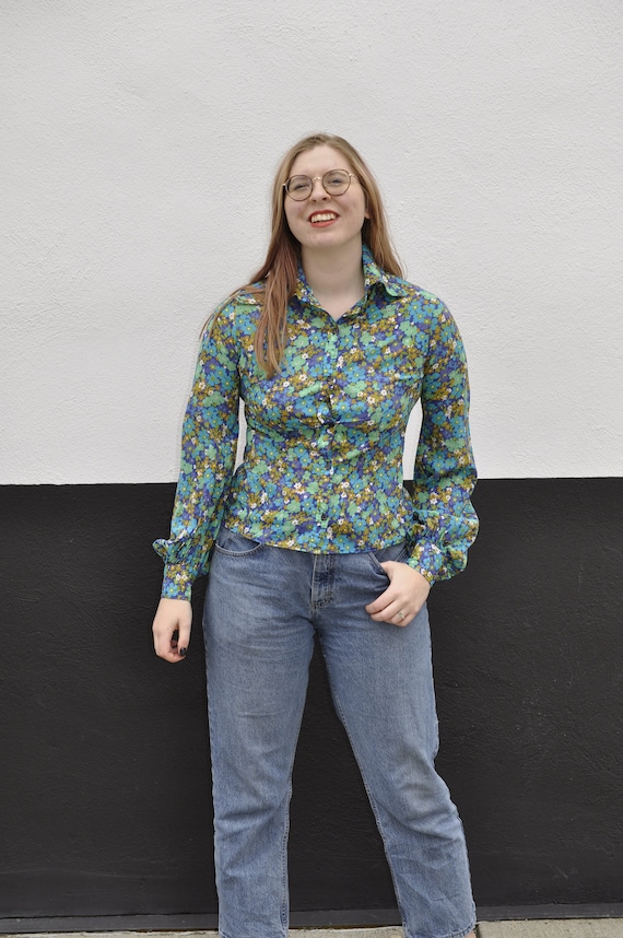 St Micheal's bishop sleeve blue floral shirt