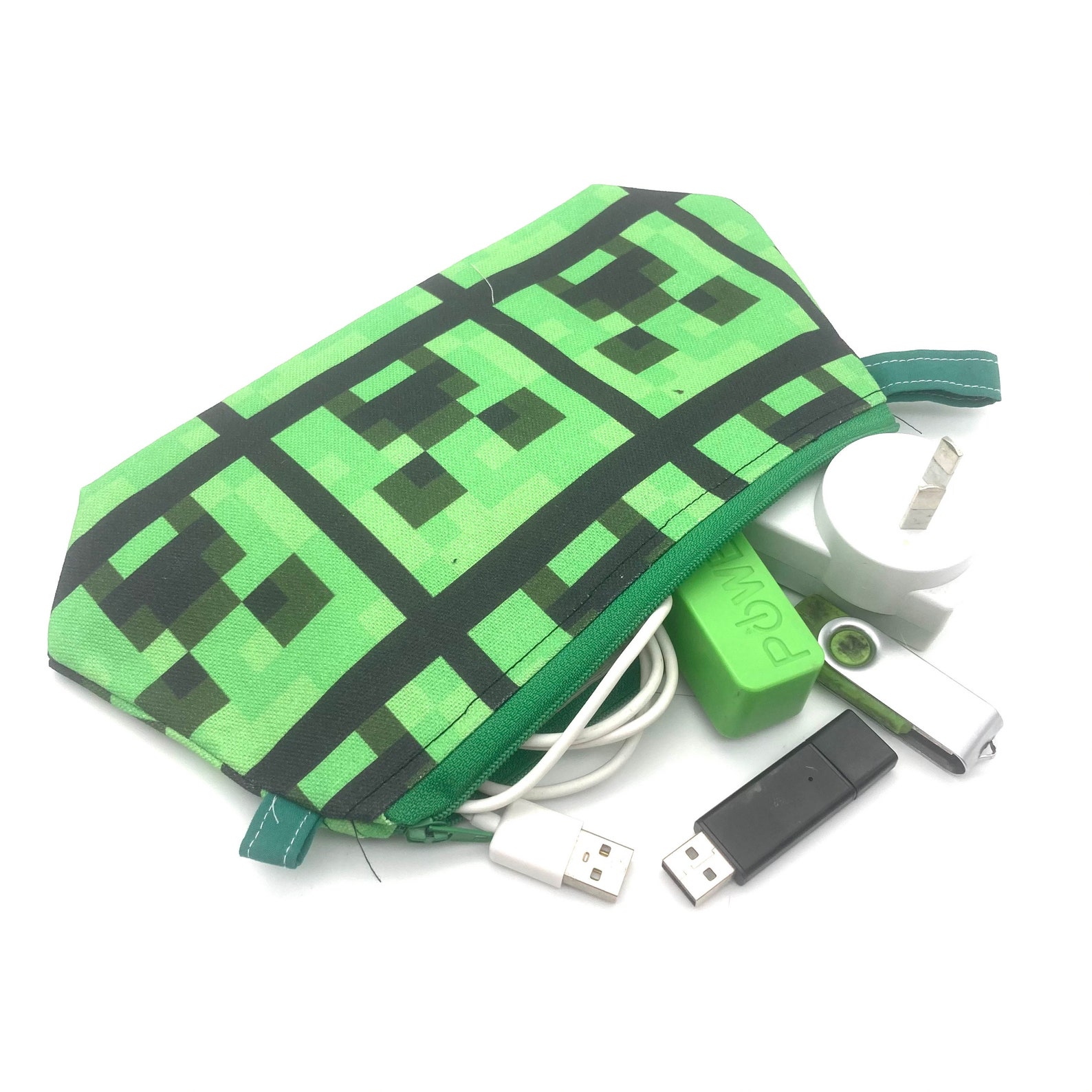 Zipper Pouches featuring fabric inspired by Minecraft. Great Etsy