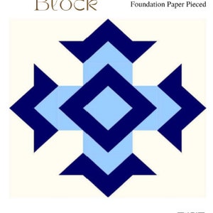 May include: A quilt block pattern called "God's Eye" with a blue and light blue design. The block is 16 inches by 16 inches and is foundation paper pieced. The text "A Quiltery" and "For the love of geese" is at the bottom of the image.