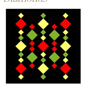 May include: A patchwork quilt with a black background featuring a pattern of floating diamonds. The design includes red, yellow, and green diamond shapes. The quilt measures 38 x 38 inches. The text "Floating Diamonds" is at the top.