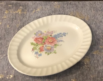 Vintage Edwin Knowles China Semi-Vitreous Spring Bouquet Floral 11" Oval Platter 1944