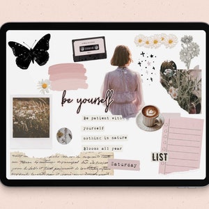 Op de afbeelding: Een digitale plannerpagina met een collage van afbeeldingen en tekst. De pagina bevat een vlinder, een cassettebandje, een vrouw in een jurk, een kopje koffie, een lijst en een handgeschreven notitie. De tekst op de pagina bevat de zin "wees jezelf" en de quote "Wees geduldig met jezelf, niets in de natuur bloeit het hele jaar door".