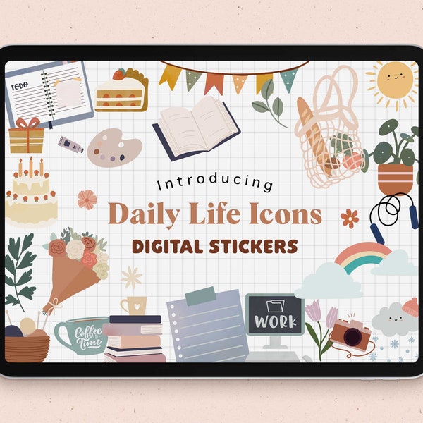 Daily Life Icon digital stickers | Goodnotes stickers | Work | Chore | Self care | Fitness |flower | craft | travel | health | weather | PNG