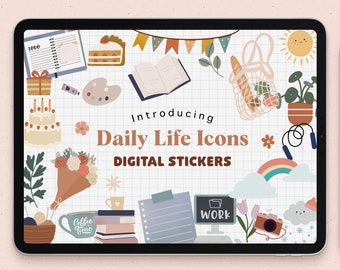 Daily Life Icon digital stickers | Goodnotes stickers | Work | Chore | Self care | Fitness |flower | craft | travel | health | weather | PNG