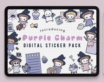 Digitalt klistermärkespaket med söt flicka | lila Goodnotes-klistermärken | berlock | magi | emoji-klistermärken | förbeskuren PNG | planeringsklistermärken | Chibi-flicka