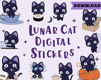 Lunar cat digital stickers | Sailor Moon goodnotes stickers | black cat | pet | emoti | student stickers | ipad stickers | notability | PNG