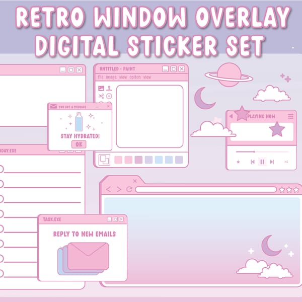 Retro window overlay digital stickers | aesthetic Goodnotes stickers | pink purple moon| pop up window| kawaii  cute | PNG | moon| celestial