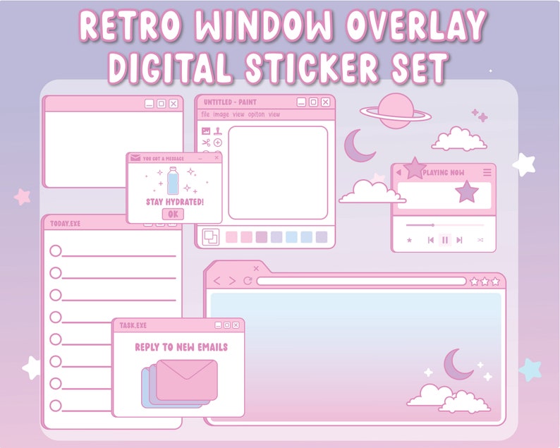 May include: A set of digital stickers featuring retro-style computer windows with various designs, including a to-do list, a paint program, an email window, and a music player. The stickers are in pink and blue colors with a pastel gradient background.