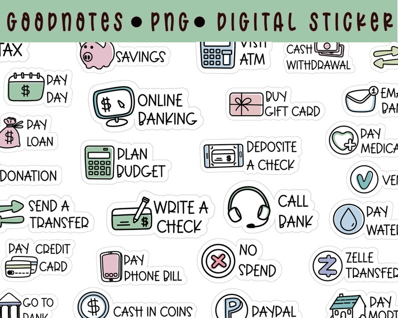 finance Goodnotes stickers | money notability digital stickers| budget| pay bills | no spend | banking | financial stickers precropped png image 1