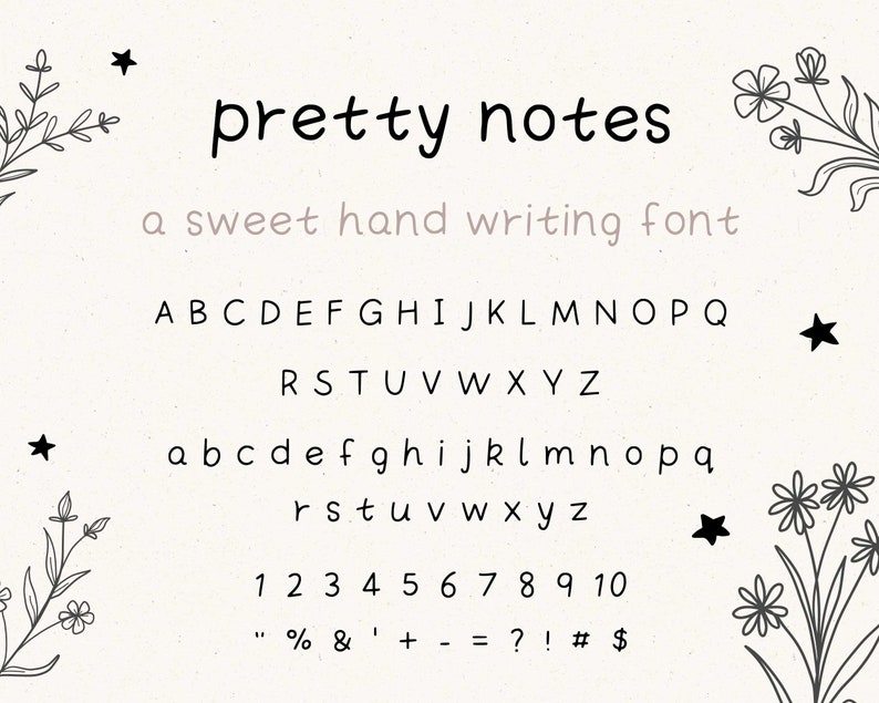 May include: A handwritten font called "pretty notes" with a sweet hand writing font description. The font includes uppercase and lowercase letters, numbers, and punctuation marks.
