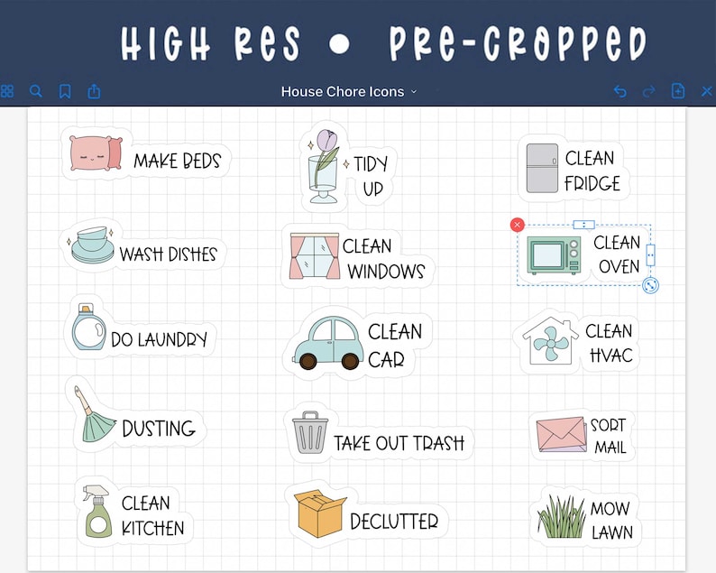 May include: A set of 12 colourful stickers with illustrations and text for household chores. The stickers include chores like making beds, tidying up, washing dishes, cleaning windows, doing laundry, cleaning the car, cleaning the oven, cleaning the HVAC, dusting, taking out the rubbish, sorting mail, cleaning the kitchen, decluttering, and mowing the lawn.